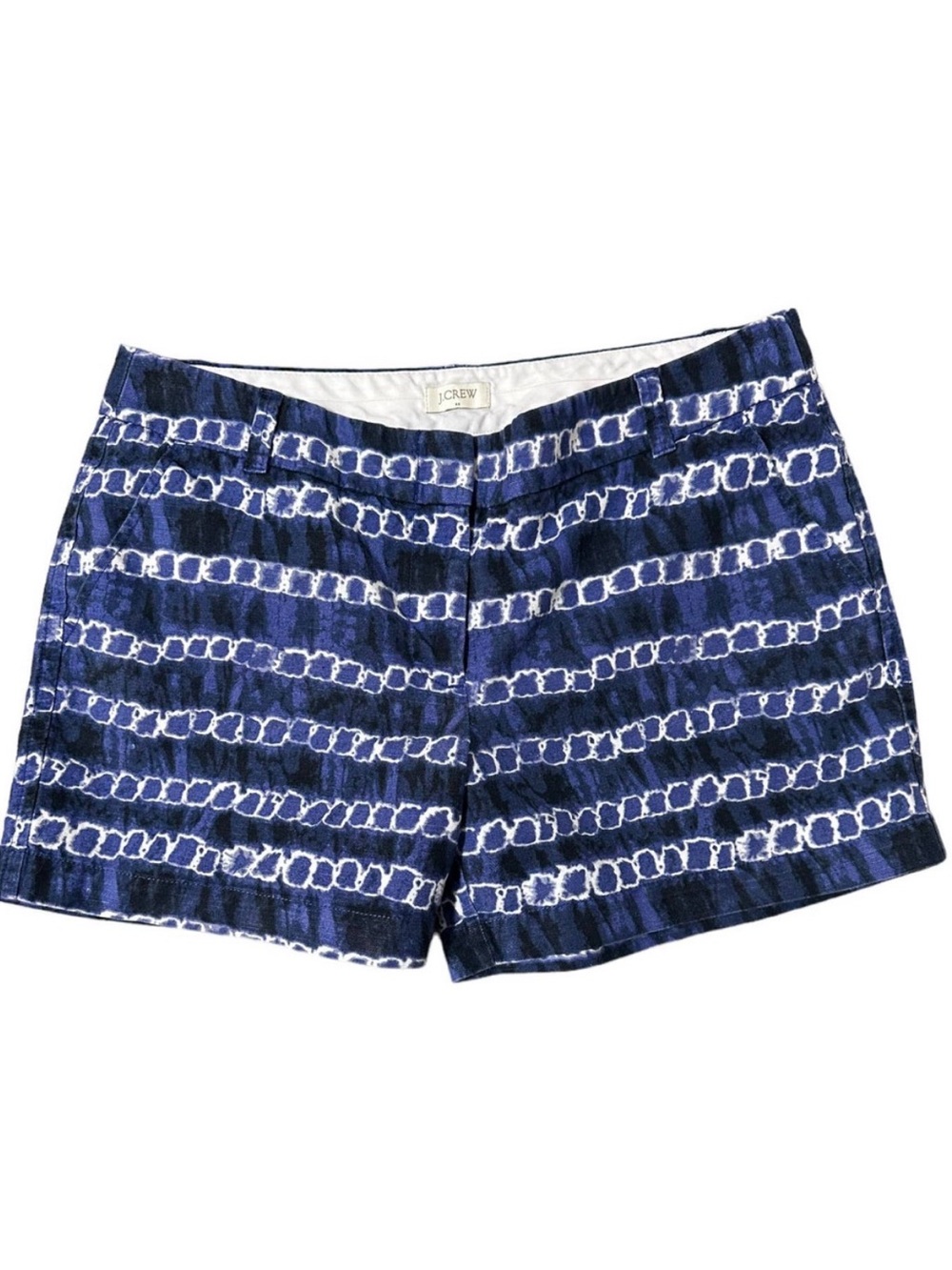 J. Crew Navy Blue White Tie dye chain print Bermuda Shorts 8 cotton linen